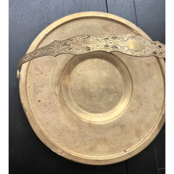 Bard's Brass LID 10-1/2" Plate W Etched Moveable Handle Dish Tray Pattina - Picture 6 of 14